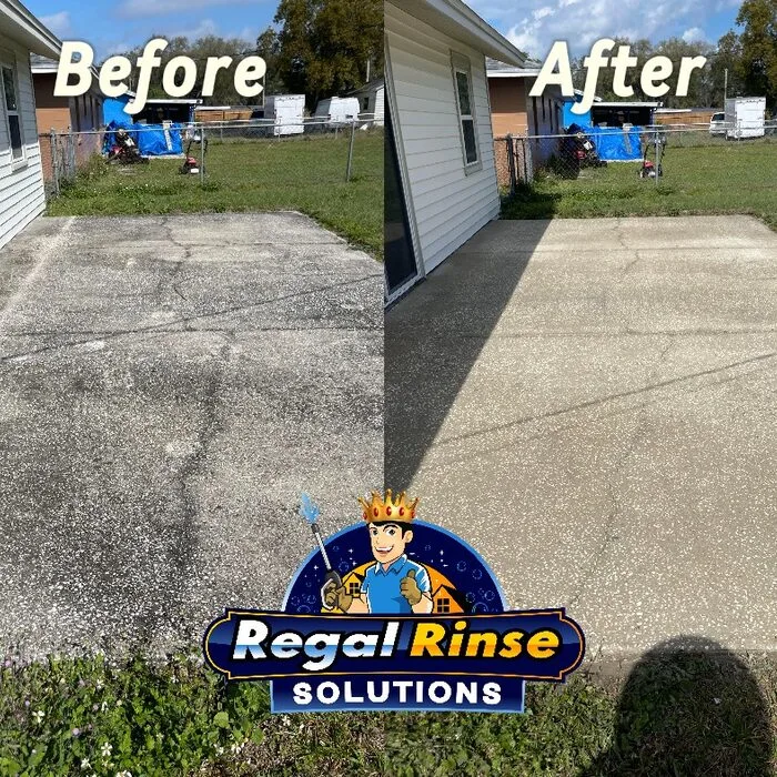 Concrete driveway pressure washing before and after in Winter Haven FL