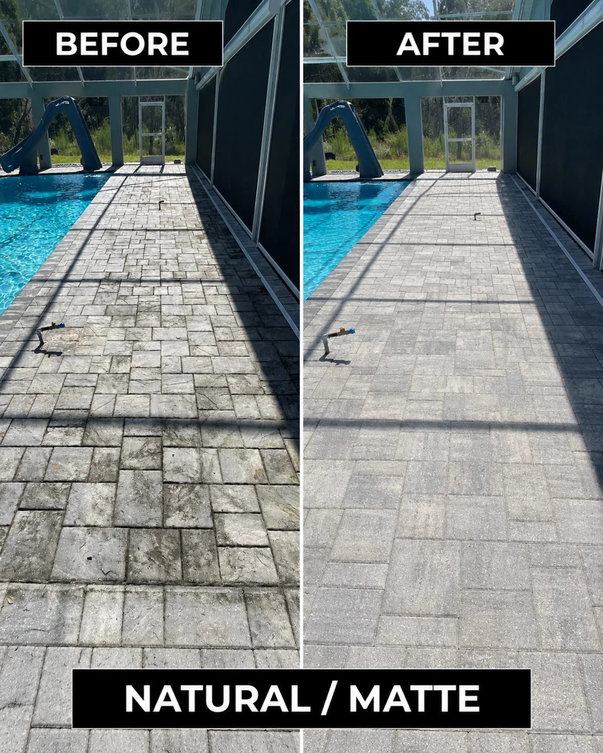 Pool deck pavers before and after cleaning and natural matte sealing, Polk County FL