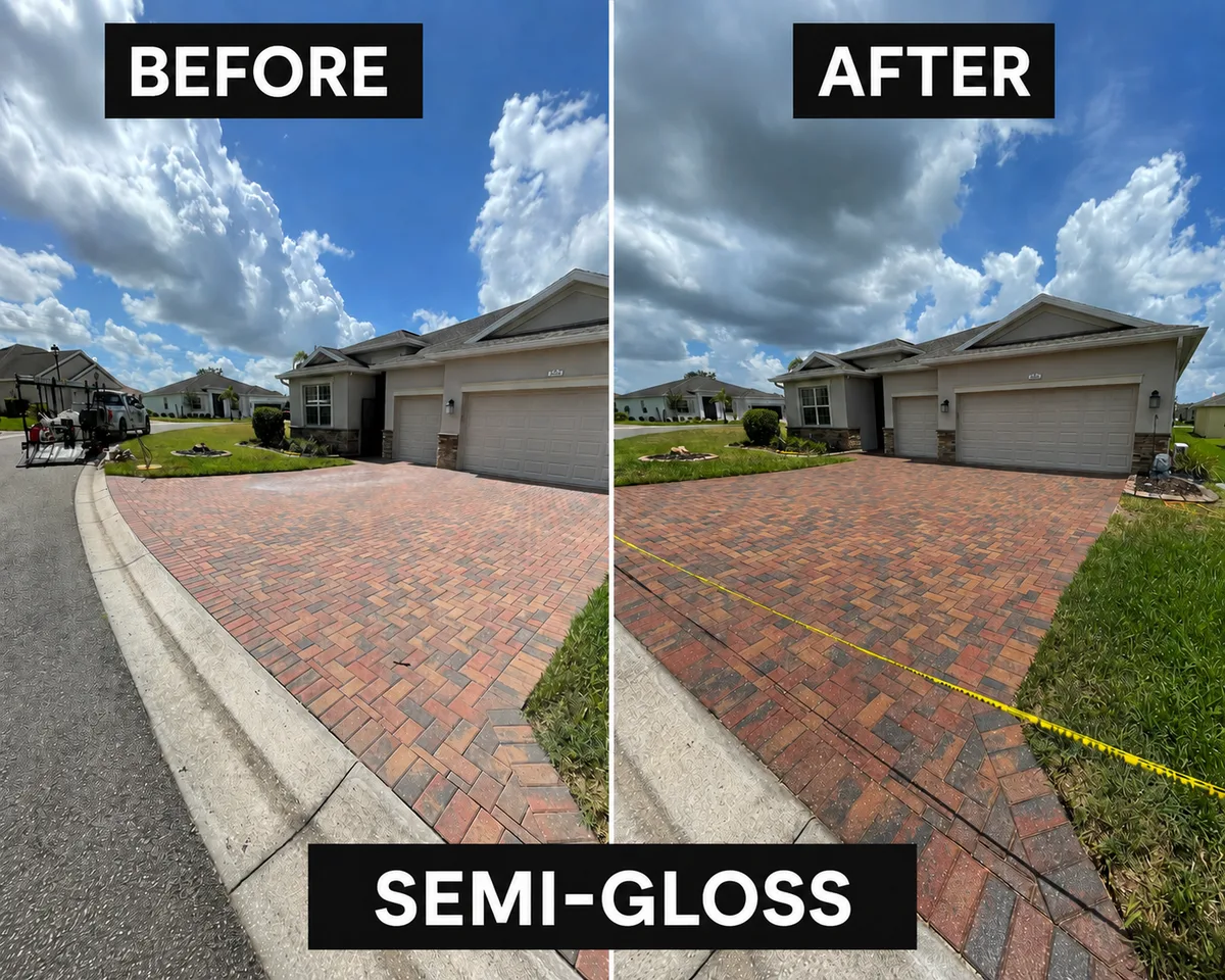 Brick paver driveway before and after cleaning and semi-gloss sealing, Polk County FL